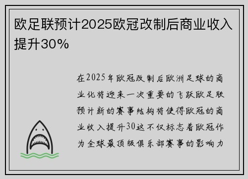 欧足联预计2025欧冠改制后商业收入提升30% 欧足联预计2025欧冠改制后商业收入提升30%
