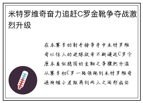 米特罗维奇奋力追赶C罗金靴争夺战激烈升级 米特罗维奇奋力追赶C罗金靴争夺战激烈升级