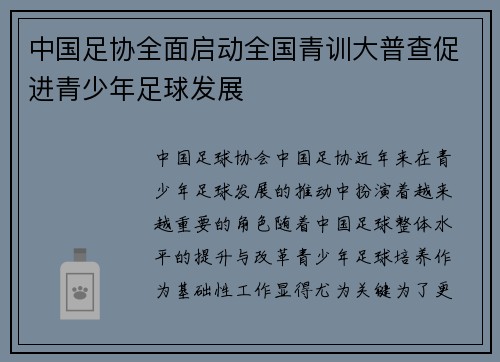 中国足协全面启动全国青训大普查促进青少年足球发展 中国足协全面启动全国青训大普查促进青少年足球发展