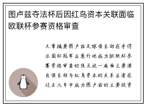 图卢兹夺法杯后因红鸟资本关联面临欧联杯参赛资格审查